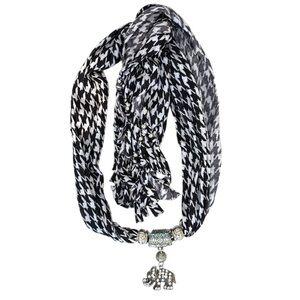 Black & White Houndstooth Scarf Silver Elephant‎ Decorative Fringe
